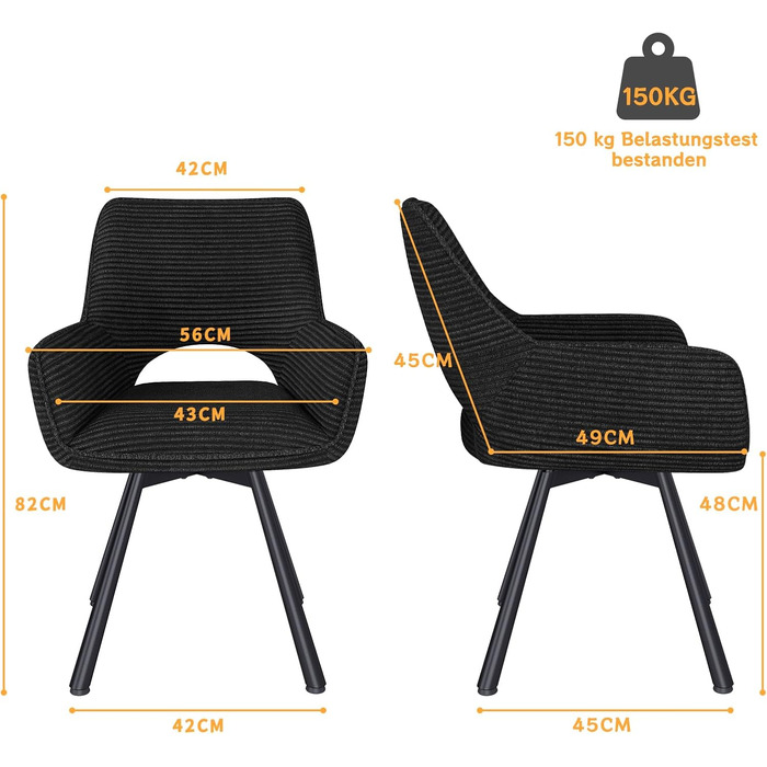 Ессі стільці 4 шт. поворотні 360°, з підлокітниками, металеві ніжки, для їдальні, вітальні, кухні, м'які, оксамитові, бежеві (1 поворотний, чорний)