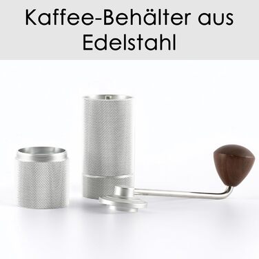 Ручна кавомолка з прецизійним жорновим механізмом з нержавіючої сталі та дерев'яним ручним грифом - для еспресо, з нержавіючої сталі (срібляста матова)