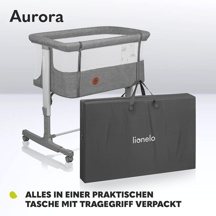 Дитяче ліжко Lionelo Aurora 3in1 до 9 кг, спальне місце, люлька, регулювання висоти, нахил, 4 колеса, сірий