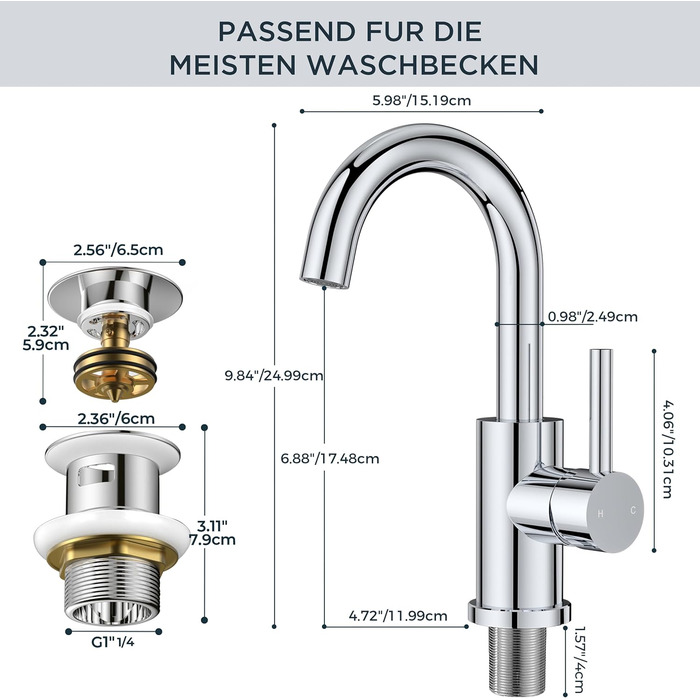 Змішувач для ванної кімнати/кухні FORIOUS Hoch 360° з нержавіючої сталі, з можливістю повороту 360°, з підключенням до гарячої та холодної води, для мийки, висота виливу 175 мм, полірована хром