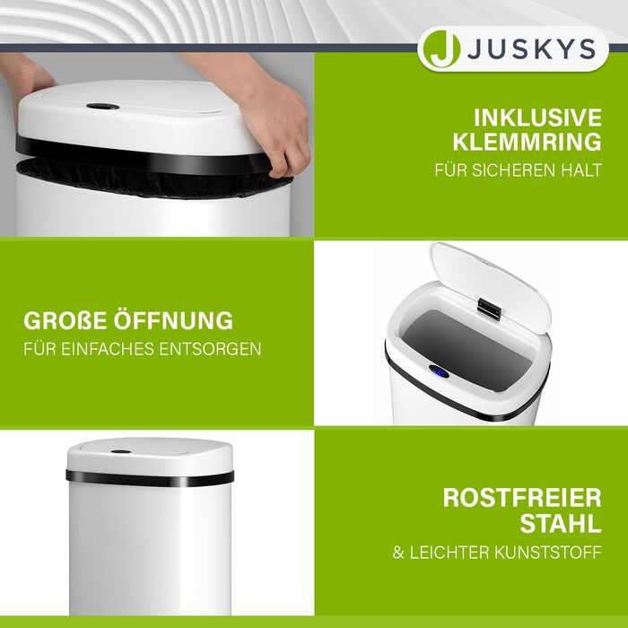 Відро для сміття Juskys з датчиком руху, білий, 60 л - кутовий контейнер з кришкою-кліпсою для сміттєвих пакетів, нержавіюча сталь, безконтактне відкривання
