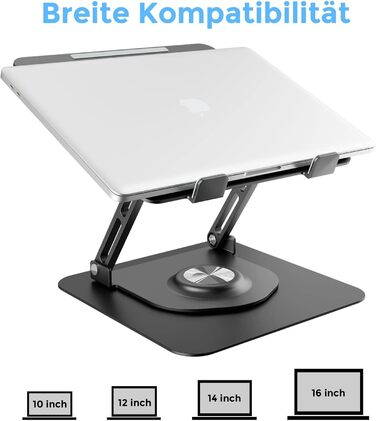 Підставка для ноутбука з регулюванням висоти та поворотним основанням 360°, алюмінієва, чорна