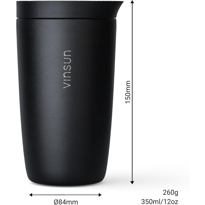 Термокружка VINSUN 350 мл, не протікає, з нержавіючої сталі, для гарячих та холодних напоїв, з Quick Press кришкою, для авто, університету (Чорний)