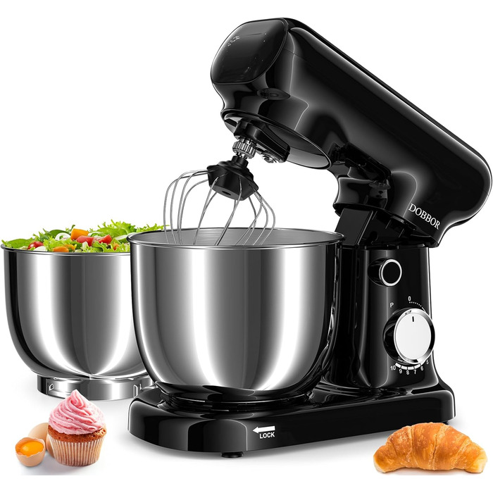 Кухонна машина з місткістю 2.5L та 3L, 10 швидкостей, 1500W, з міксером, шнеком для тіста та скребком, для дому та щоденного приготування (чорний)