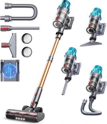 Бездротовий акумуляторний пилосос Fieety 8-в-1: потужне всмоктування 50kPa, 600W, 65 хвилин роботи, 1.6L, без мішка, для дому та авто, з турбощіткою та базою для зарядки. Ідеально для видалення шерсті тварин, килимів та твердих поверхонь.