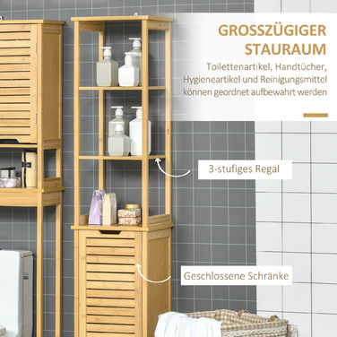 Шафа Kleankin Badschrank Bambus, 34 x 30 x 173 см, з 3 відкритими полицями та 1 шафкою, захист від перекидання, отвір для ручки, вільного стояння, для маленьких приміщень, натуральний колір | Aosom