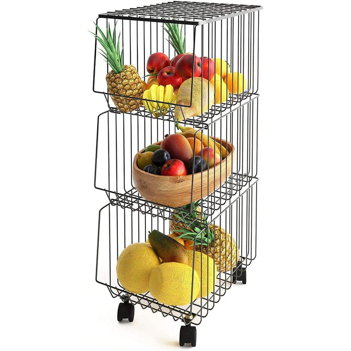 Кошик з металевого дроту Mocosy з колесами та кришкою, 5-ступінчаста складана кошик для фруктів з кошиком для фруктів, контейнер для зберігання на кухні, комора, спальня, ванна кімната (3-рівнева кошик)