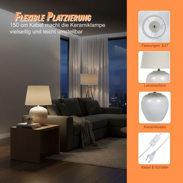 Лампа для столу Relaxdays з тканинним абажуром та керамічним цоколем