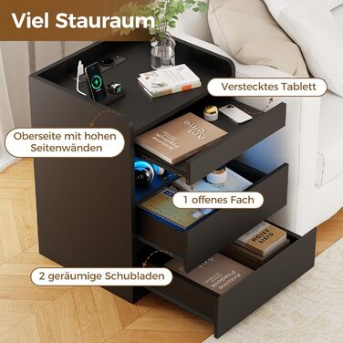 Нічний столик BEWISHOME 2 шт., з прихованою поличкою та розеткою, з функцією зарядки, для вітальні та спальні (чорний) EFCG02B