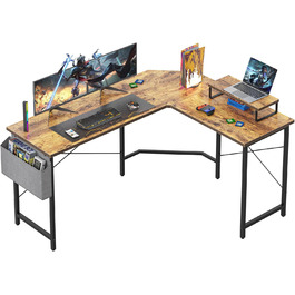 Ігровий стіл CubiCubi L-подібної форми 150x120 см з підставкою для монітора та кишенькою для зберігання, вінтажний коричневий