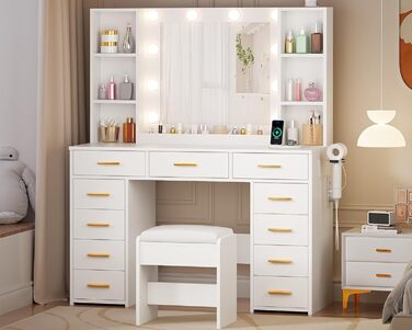 Великий туалетний столик ANWBROAD з регульованою LED-підсвіткою та 11 ящиками. Сучасний туалетний столик з дзеркалом, розетками, 6 відкритими полицями. Комплект з пуфом. Білий колір, 140x110x40 см. Модель BDT86W