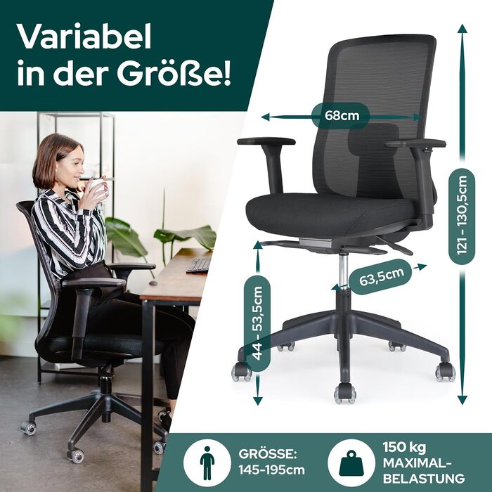 Ергономічне крісло Schekka® для офісу - переможець тестів. Індивідуальне регулювання, підтримка попереку, 3D підлокітники, дихаюча сітка. Макс. вага 150 кг, чорний колір, без підголівника.