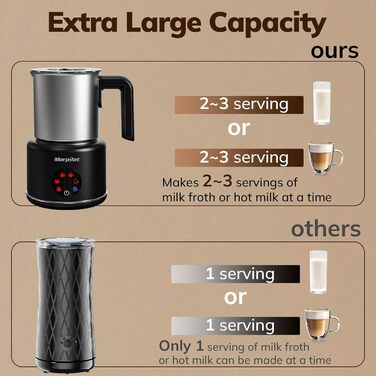 Morpilot Електричний піноутворювач молока 6-в-1, для капучино, лате, гарячого шоколаду, 130-500 мл, 600 Вт, антипригарне покриття, нержавіюча сталь, чорний