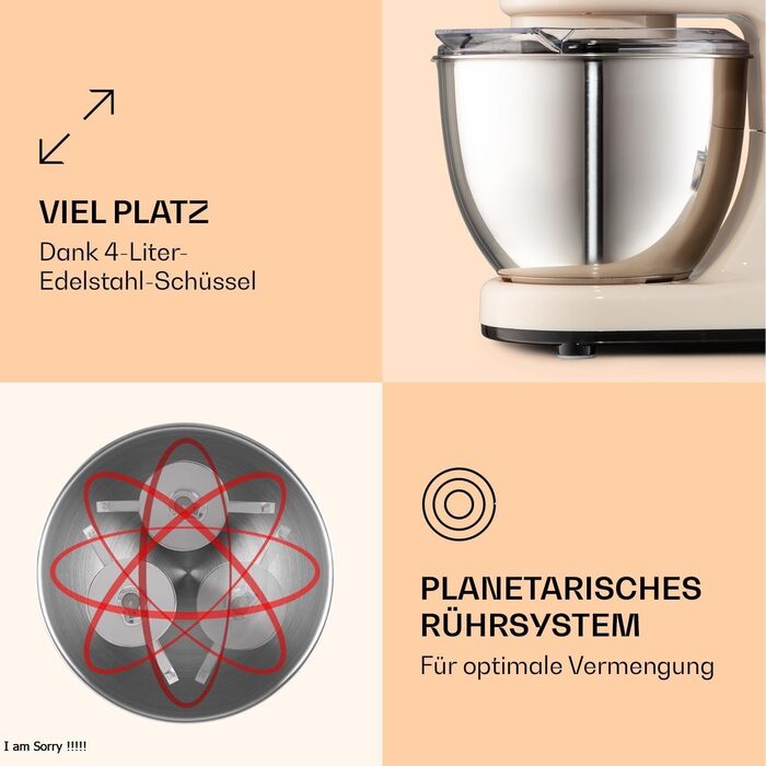 Кухонна машина Klarstein Bella: планетарний міксер з нержавіючої сталі, 1200 Вт, 6 швидкостей, 3 насадки