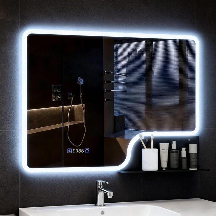 Дзеркало для ванної кімнати YOURLITE з LED-підсвічуванням 100x60 см, сенсорне керування, годинник, антизапар, 3 кольори світла, регулювання яскравості, без запотівання, функція пам'яті, білий