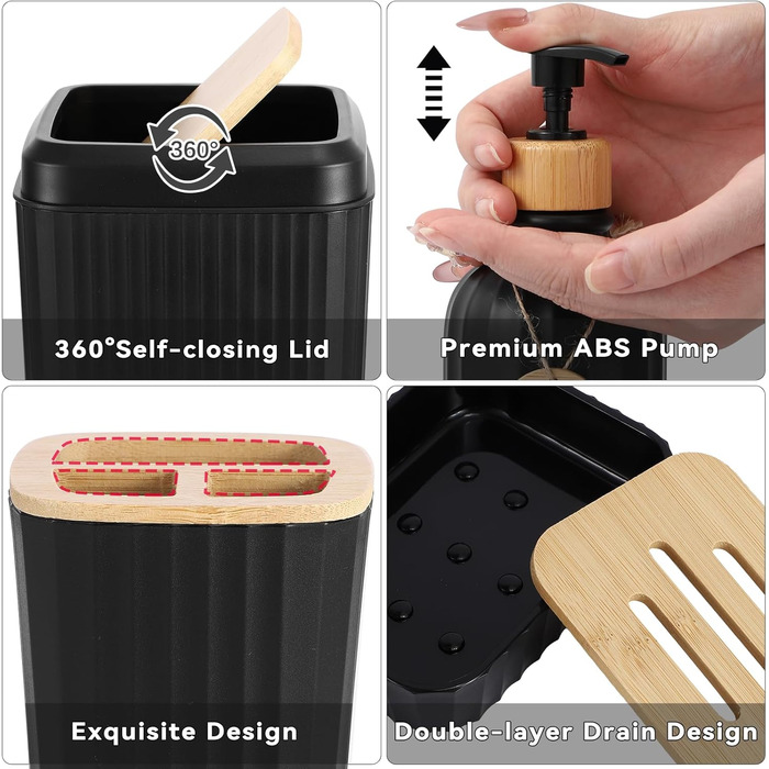 Набір для ванної кімнати 17 предметів: аксесуари для ванної, сміттєвий бак, дозатори мила, тримач для зубних щіток, 6 дерев'яних гачків, аксесуари для кухні та ванної (Чорний, Комплект для ванної + штора для душу + килимок для ванної + рушник для ванної)