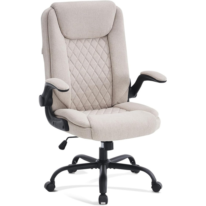 CASTLOVE Ергономічне крісло для офісу, комп'ютерне крісло, крісло для начальника з підйомними підлокітниками, висока спинка, функція гойдання, регульована висота, зручне, офісне крісло для дому, офісу, тканина, кремовий колір
