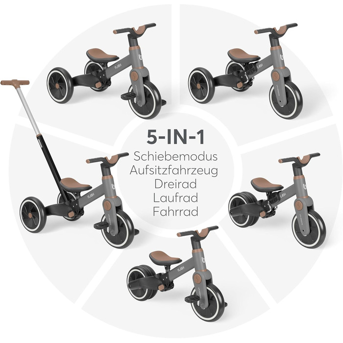 KikkaBoo Flash 5-в-1: Біговел/Триколісний велосипед для дітей від 18 місяців, сталевий каркас, EVA колеса, регульована ручка, сірий