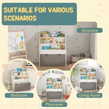 Полиця для дитячих книжок AIYAPLAY, 3-8 років, 3 ящики, з висувною шухлядою, MDF, 62,5x30x70 см, білий та сірий