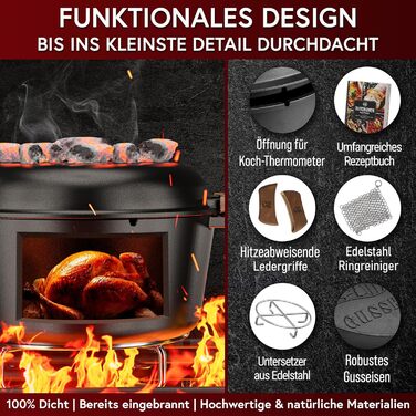 Голландська піч 2в1 з чавуну, 4.8л + сковорода з чавуну 1.8л - набір посуду для приготування, BBQ, кемпінгу та кухні. З кулінарною книгою та аксесуарами. 30 років гарантії. Чорний колір.