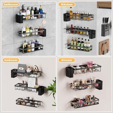 Настінна полиця для душу YEAUPE PRO з 3 ярусами – органайзер для ванної кімнати без свердління, для скляної душової кабіни, з 2 присосками, 6 гачками, міцний металевий, 78 см, до 18 кг, чорний