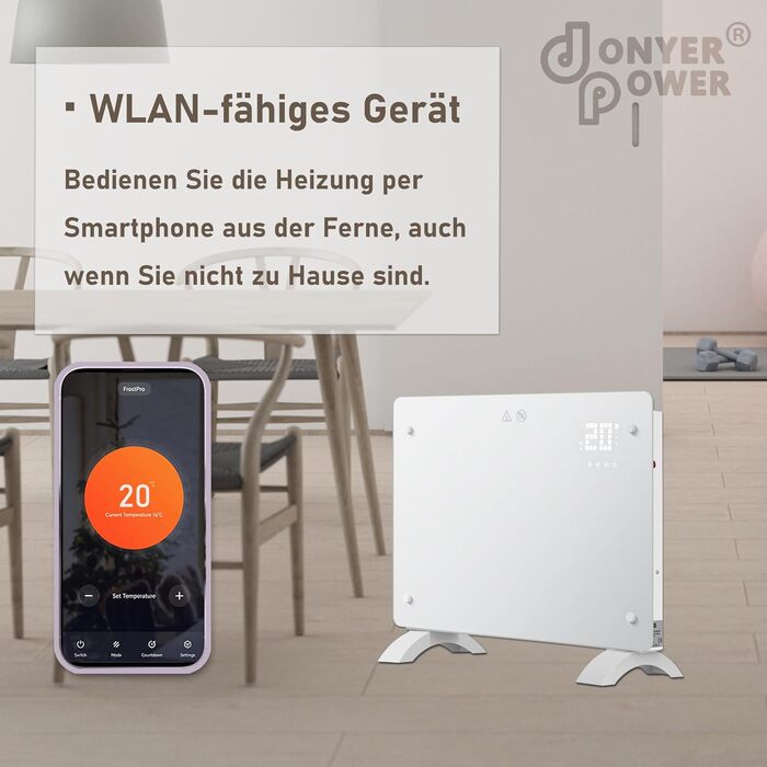 Конвектор DONYER POWER 2500W з Wi-Fi, 24h таймер, керування від пульта, скло, настінний/підлоговий