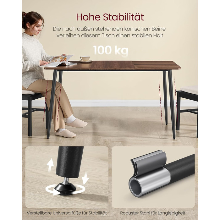 Стол обідній VASAGLE для 4-6 осіб, кухонний стіл у стилі кантрі, 140x75 см, натуральний відтінок горіха + чорний, KDT100KE02