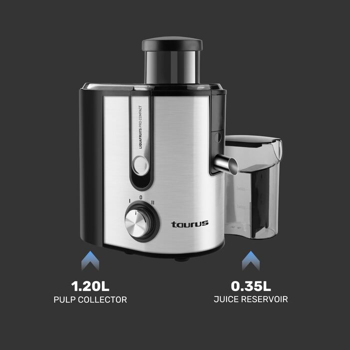 Тaurus Liquafruits Pro Compact - компактний соковичавник з нержавіючою сталлю, 600W, 2 швидкості, 350 мл, 1.2 л, анти-крапельна система