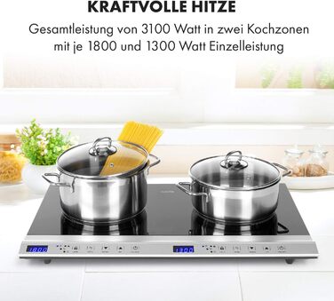 Мобільна конфорка Klarstein Cucinata, подвійна індукційна варильна поверхня, 3100 Вт, сенсорне керування, датчик каструлі, таймер вимкнення, 10 рівнів, захист від перегріву, блокування від дітей, склокераміка, срібло