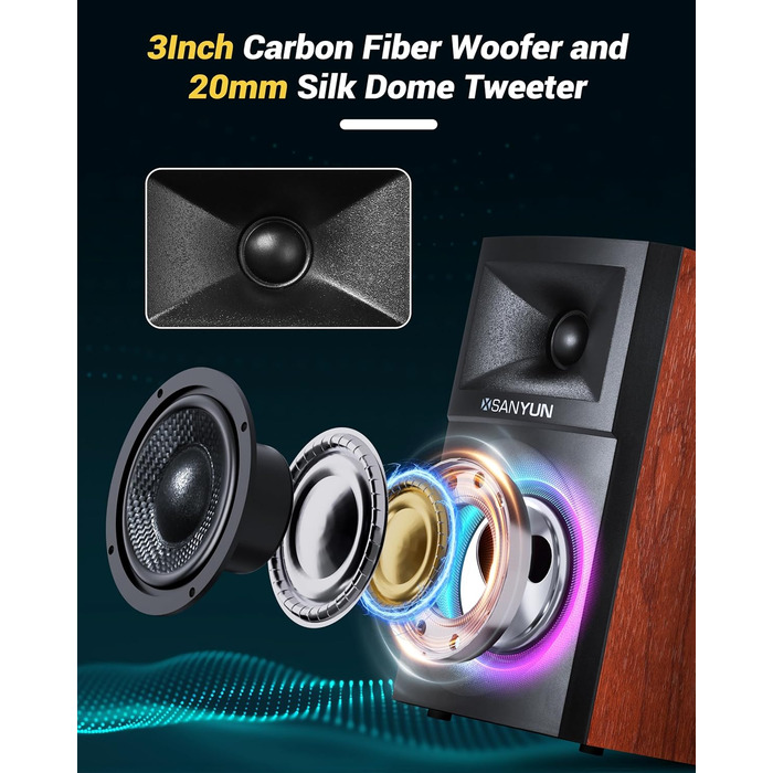 Sanyun SW203: Акустична система 4.0, 60W, 4-Way, DSP, 3D звук, USB/Bluetooth 5.4, AUX, для студії, пара, чорний