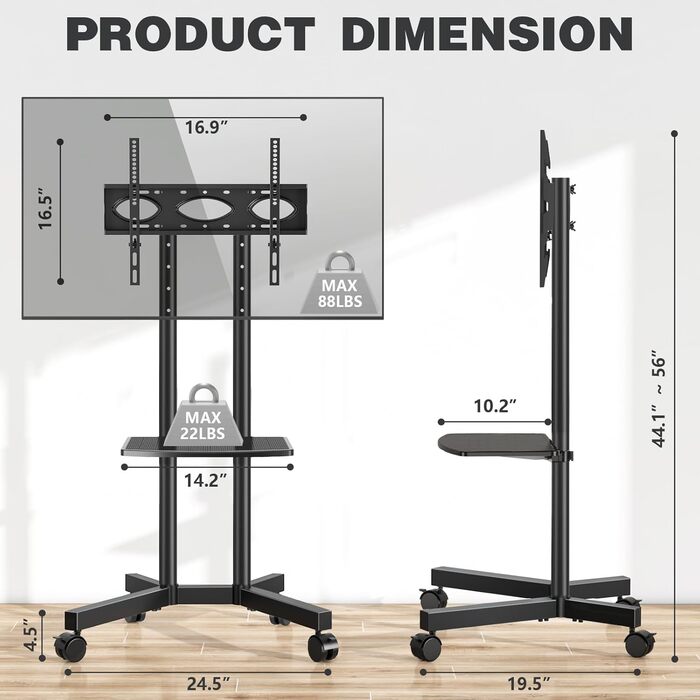 Підставка для телевізора на колесах, 32-75 дюймів, регульована по висоті, з полицею для ноутбука, VESA 600x400, чорна
