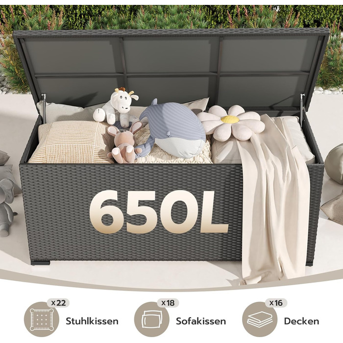 Скриня для подушок садових Polyrattan Amopatio 650л, водонепроникна, з газліфтом, чорна. Ящик для зберігання речей на вулиці для саду, балкону