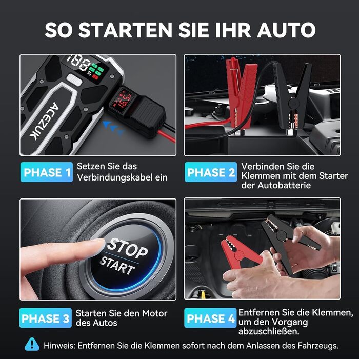 Портативний зарядний пристрій Starthilfe Powerbank 6000A для автомобіля з LED-ліхтариком та великим екраном (7000A Чорний)