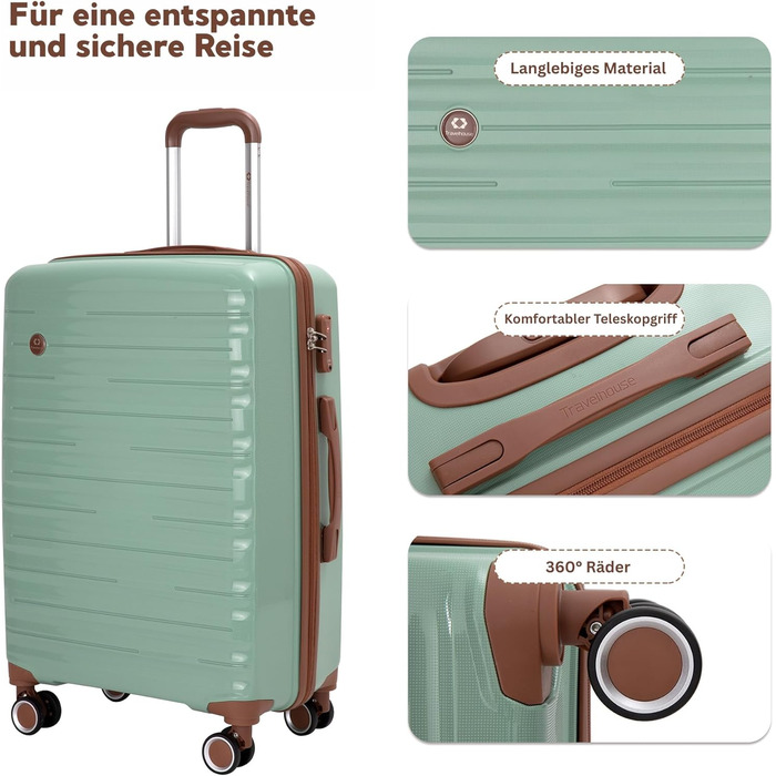 Набір валіз Travelhouse Ascona 5-в-1 (75/65/55 см) з TSA-замком, Spinner-колесами та аксесуарами, ABS+PC, темно-зелений