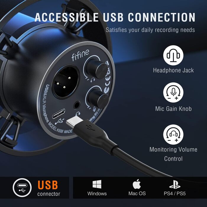 FIFINE K688 - Студійний мікрофон XLR/USB для запису, подкастів, вокалу та стрімінгу. Чорний мікрофон з навушником 3.5 мм, кнопкою мовлення та металевим корпусом