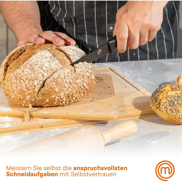 Набір ножів MasterChef 5-ти частинний: поварський, хлібний, для овочів, сантоку та універсальний, з нержавіючої сталі, чорний, з м'якими ручками