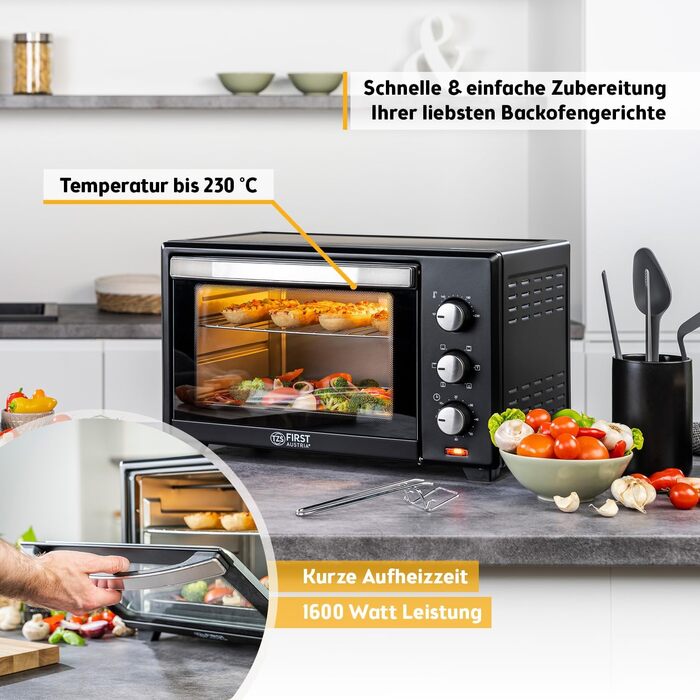 Міні-піч TZS First Austria 30L з регулюванням температури та грилем, 1600W - для кухні та кемпінгу