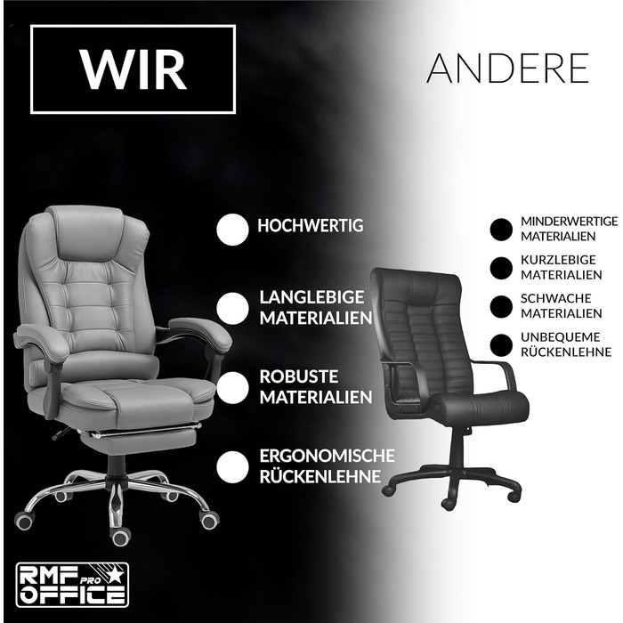 Ергономічне крісло для офісу RMF, регульоване, з підніжкою – зручне та розслаблююче крісло для робочого столу, обертається, регулювання висоти, сіре