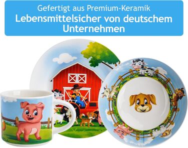 MIAMIO Набір дитячого посуду з порцеляни (3 шт.) - Тарілка, миска, чашка - Для дітей та малюків (Ферма)