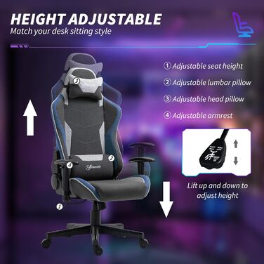Крісло ігрове Vinsetto Ergonomic з регулюванням висоти, підголівником та поперековою підтримкою, блакитне