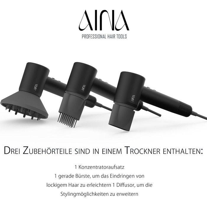 Високошвидкісний іонний фен для волосся AINA з безщітковим двигуном 160 000 об/хв, набір з дифузором, гребінцем та соплом, чорний (3A)
