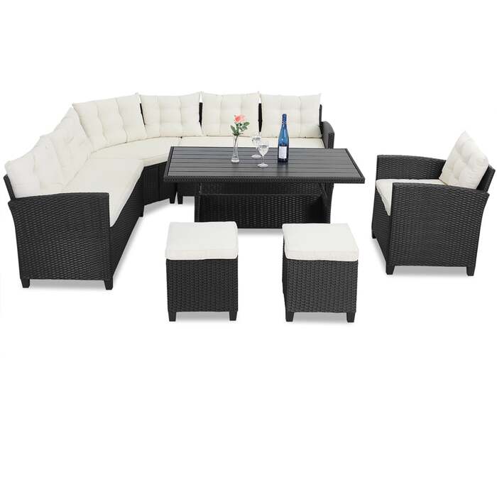 Polyrattan Corner Lounge чорний/кремовий з подушкою