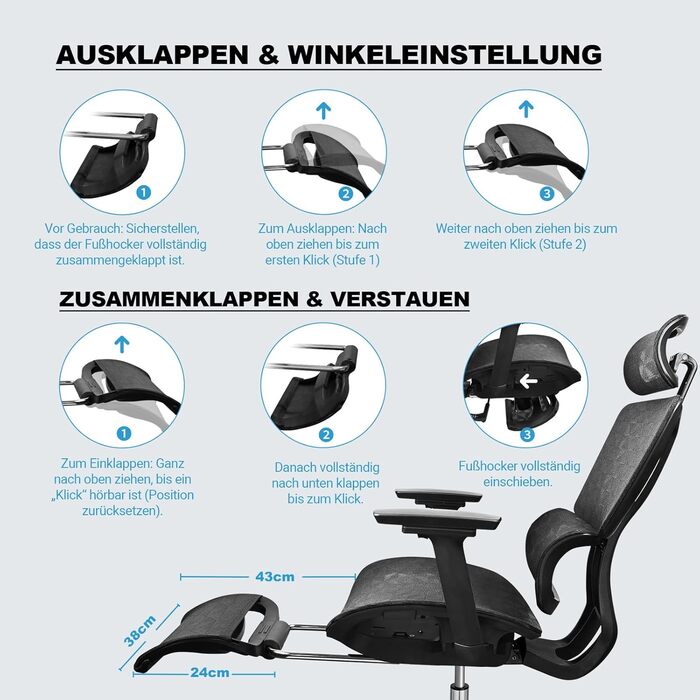 Ергономічне крісло для офісу, 4D підлокітники, регульована глибина сидіння, 4-ступеневий нахил, гумові колеса, сітчаста сидіння, висока спинка, для великих людей, Homeoffice & Gaming, ергономічне крісло для робочого столу (Чорний – з підставкою для ніг, с