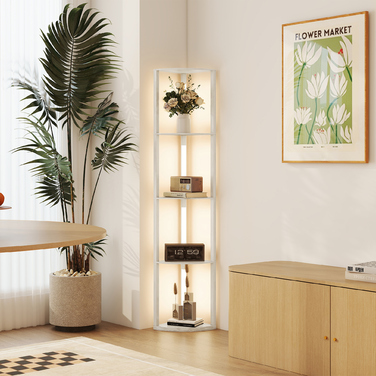 Світлодіодна настінна лампа-полиця з 4 ящиками, регульоване освітлення, тепле біле світло, колір дуб, розмір 41x30x164 см