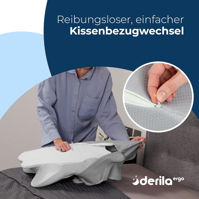 Ергономічна подушка для шиї та голови Derila з ефектом пам'яті (Memory Foam) для сну на боці, спині та животі, терморегуляційний чохол, 54x36x12 см