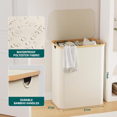 Кошик для білизни Youdenova з кришкою, великий, 160л, бамбук та дерево, сортувальник для білизни, білий