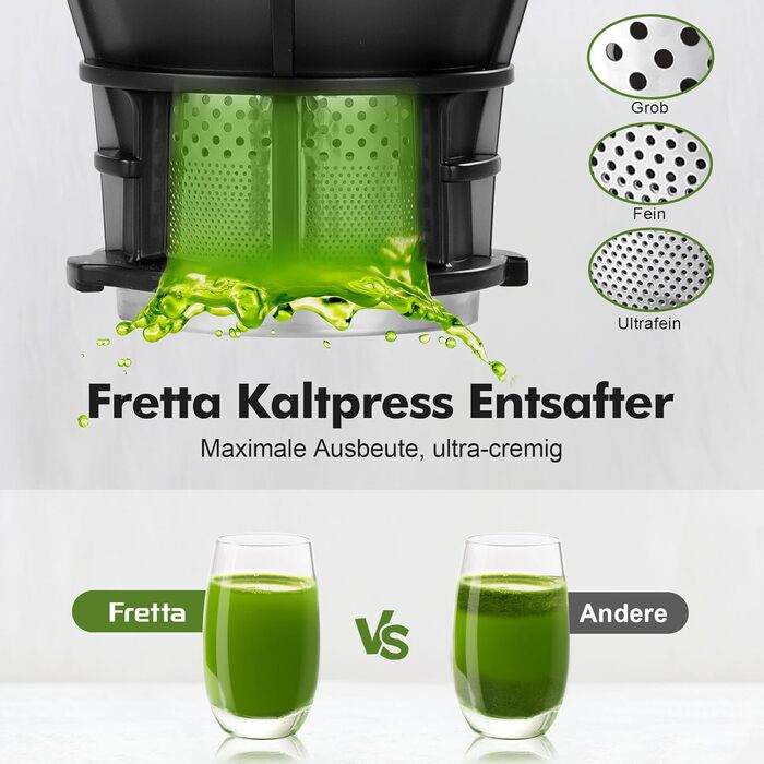 Фреш-прес Fretta Slow Juicer: повільний соковитискач з нержавіючої сталі, 135 мм, 1.8 л, з функцією реверсу, BPA Free, 250W сірий
