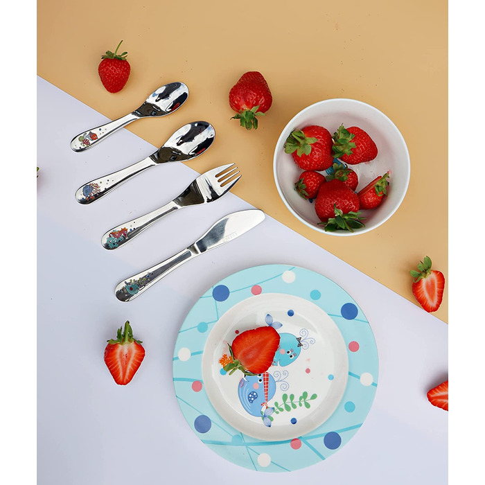 Набір дитячого посуду Exzact з нержавіючої сталі (6 шт.) - миска, тарілка, ніж, виделка, ложка для чаю, столова ложка - подарункова коробка