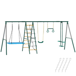 Комплекс для ігор 5-в-1 з регульованою гойдалкою-гніздечком, кільцями для гімнастики, двомісною гойдатю та комплексом для лазіння, призначений для дітей 3-8 років, розміром 440x175x203 см.