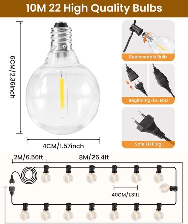 LED гірлянда для вулиці, 20м, з цоколем G40, 30+2 лампочки, пластик, IP44, вологостійка, для саду, вечірки, тепле біле світло (тепле жовте, 10м, EU)